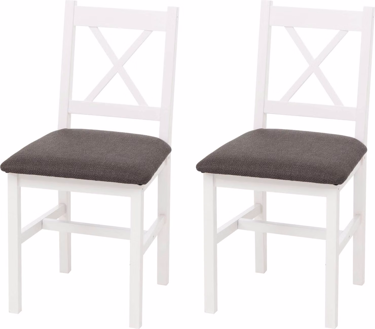 set di 2 sedie per sala da pranzo HWC-F77, poltrona sedia da cucina, legno massiccio tessuto casa di campagna ~ bianco, rivestimento grigio