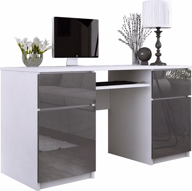 Scrivania: 2 cassetti, bianco opaco/grigio lucido, 135 x 77 x 50 cm