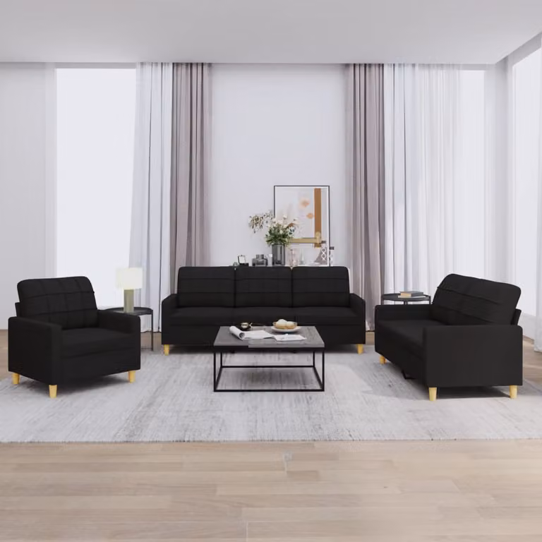 Set di divani vidaXL da 3 pezzi con cuscini in tessuto nero per soggiorno