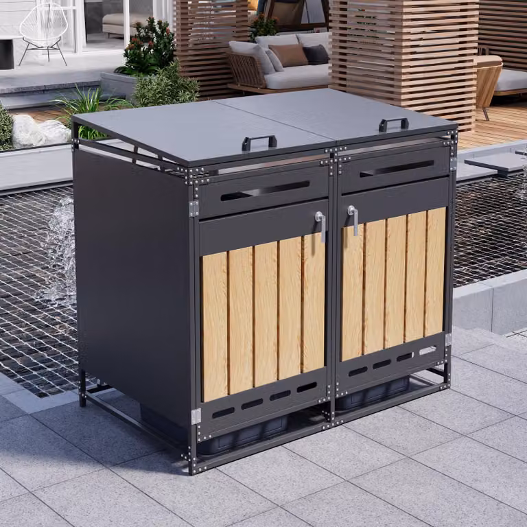 Contenitore per bidoni Moonbite, capacità 2 tonnellate, con coperchio idraulico, rivestimento per bidoni da giardino, design a listelli verticali effetto legno, armadietto per bidoni con serratura, in ferro, colore nero