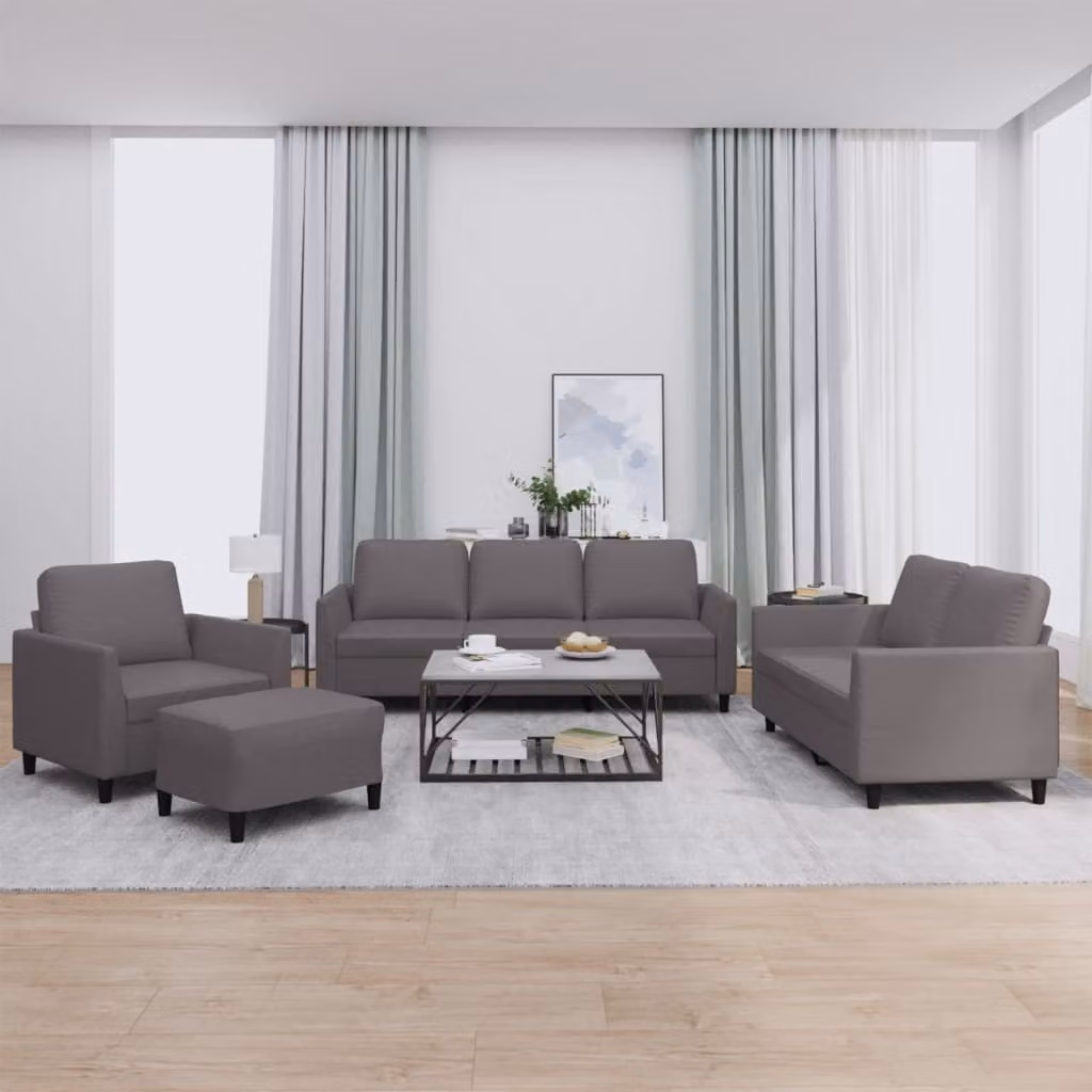 Set di divani vidaXL 4 pezzi in similpelle grigia con cuscini, comprendente divano a 3 posti, divano a 2 posti e pouf con design moderno per il tuo soggiorno – 1