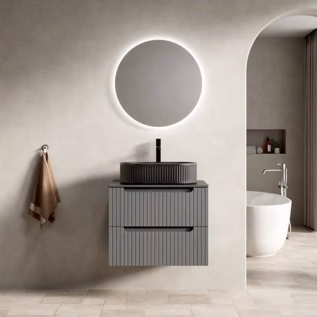 Mobile lavabo sospeso 60 cm con lavandino ovale nero, top in pietra sinterizzata nera, mobile in compensato striato con 2 cassetti, preassemblato, grigio scuro