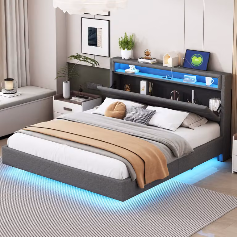 Letto imbottito Sweiko 160x200 cm con presa USB e luce LED, testata reversibile, pediera a scomparsa, letto matrimoniale piatto, letto per ragazzi, letto per adulti, tessuto di lino grigio
