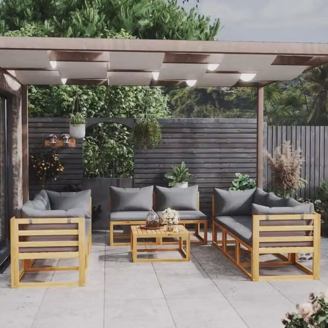Set di divani da giardino vidaXL in legno massello di acacia con cuscini grigi 9 pz