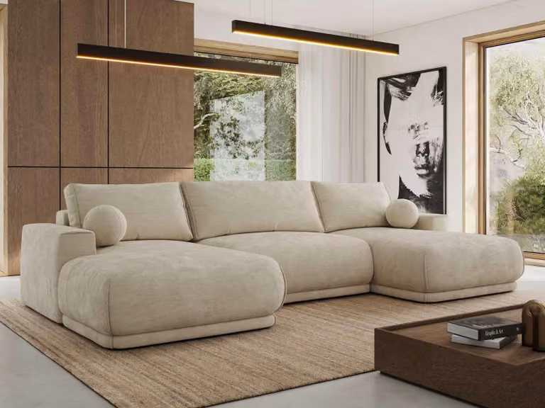 MKS MEBLE Divano ad angolo XXL RINA, divano componibile a forma di U con funzione letto e molle ondulate, funzione letto a scomparsa - Beige ciniglia liscia