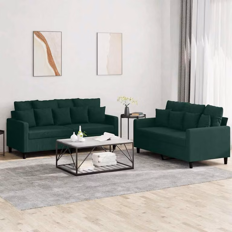 Set di 2 Divani vidaXL in Velluto Verde con Cuscini per Soggiorno Moderno