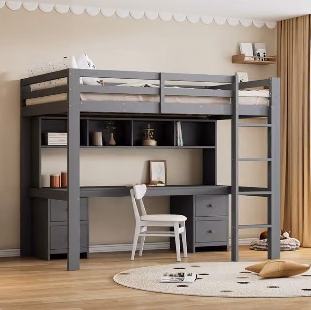 Letto a soppalco 90 x 200 cm con scrivania; 4 cassetti e vani a giorno; pino massello e MDF; grigio