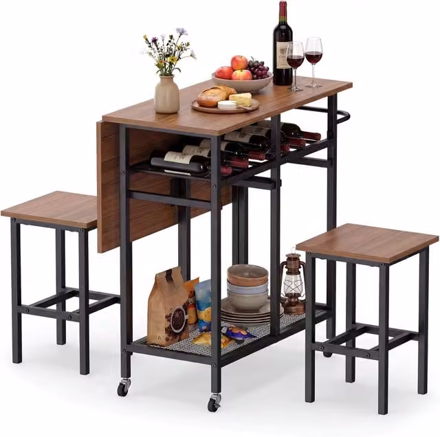 Set Tavolo da Pranzo Salvaspazio Costway con 2 Sgabelli con Ruote, Tavolo Estendibile con Portabottiglie e Ripiani, Marrone