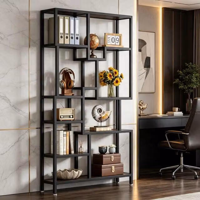Libreria 100x30x180 cm a 7 ripiani aperti in metallo e truciolare nero e marrone rustico