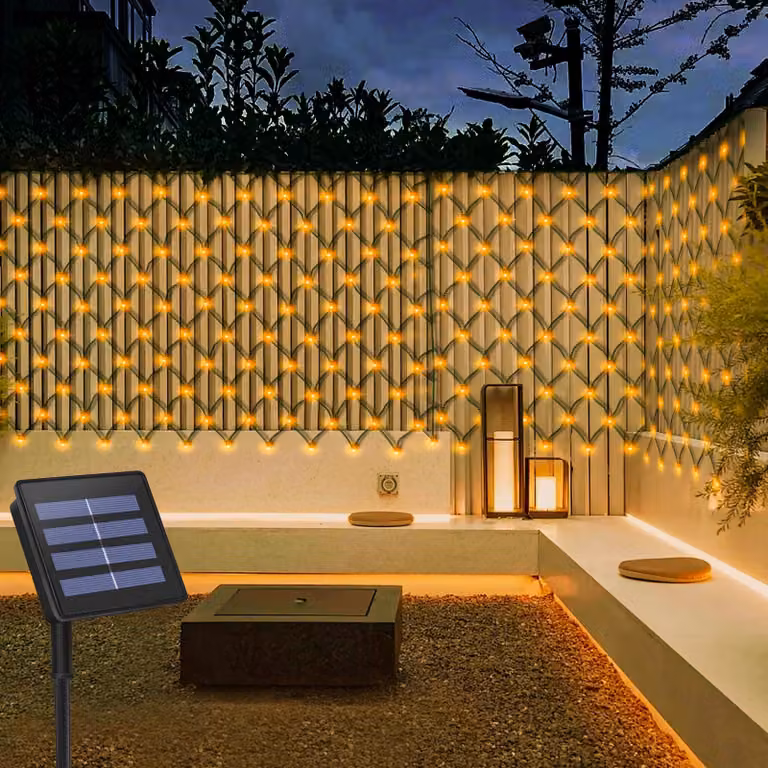 Luci solari da esterno, dimensioni 3x2 metri, 200 LED, luce bianca calda, impermeabili, con accensione automatica