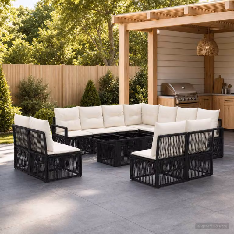 Set Divano da Giardino vidaXL 12 pz a Forma a L con Tavolino, Colore Nero e Bianco Crema, Struttura in Metallo e Polyrattan con Cuscini Inclusi
