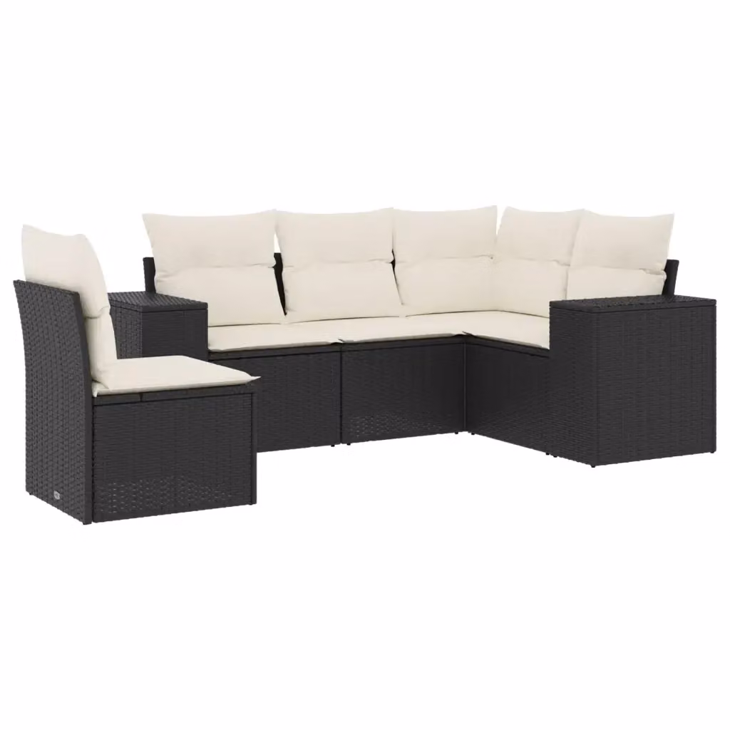 vidaXL Set Divani da Giardino a L 5 pz con Cuscini in Polyrattan e Struttura in Acciaio Nero e Bianco – 2
