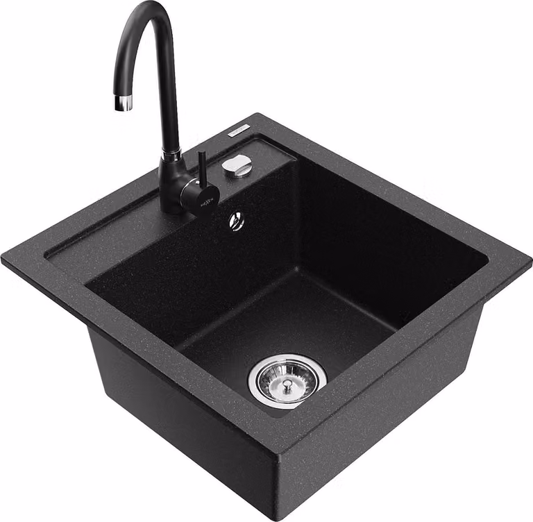 Mexen Vito lavello da cucina in granito a 1 vasca con miscelatore Telma, nero/argento metallizzato - 6503-73-670200-70