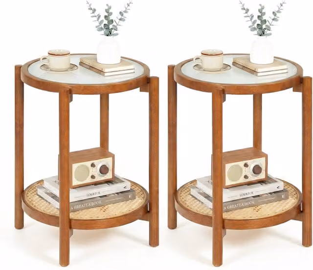 Tavolino da caffè rotondo in stile boho con piano in vetro temperato e ripiano in rattan, colore noce e trasparente – 1