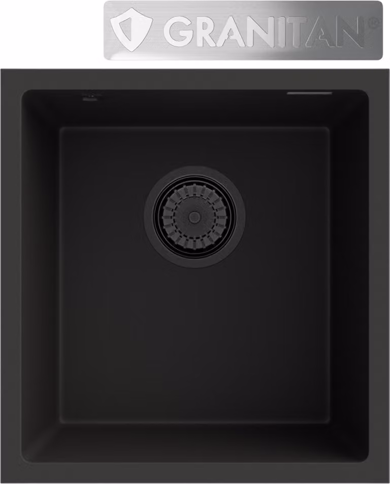 Granitan - Lavello in granito - Lavello da cucina - 41x38 cm - Nero - con sifone - Lavello - MINI