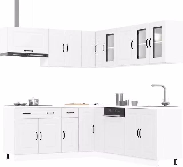 Set di mobili da cucina moderno vidaXL in legno e vetro bianco con ante a battente e scaffali interni