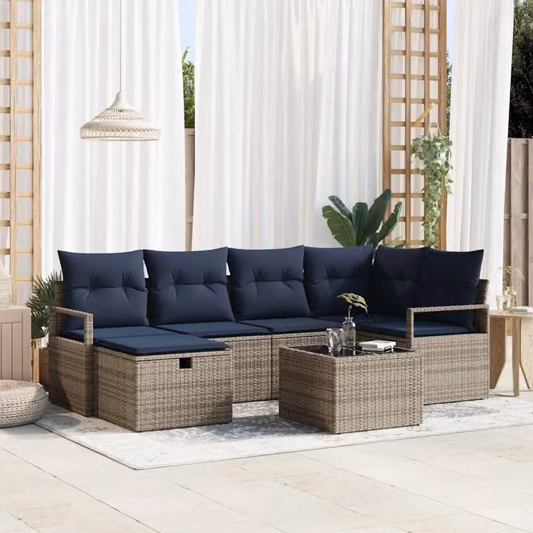 Set di divani da giardino vidaXL a forma di U composto da 7 pezzi in rattan con struttura in acciaio, colore grigio e blu navy