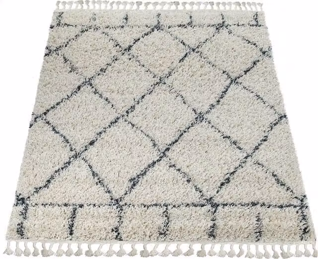 Tappeto a pelo alto Nadori beige con frange, stile etnico e moderno, L: 150 cm x P: 80 cm