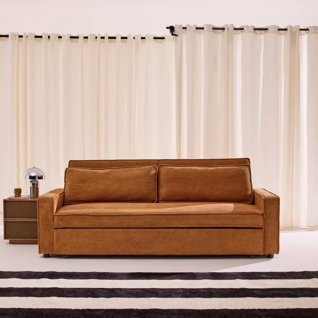 Divano letto SWEEEK a 3 posti in velluto a coste con struttura in legno massiccio, colore ruggine – 2