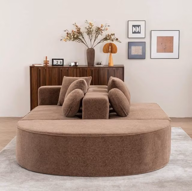 Divano modulare ULEVR 263x171 cm trasformabile in letto, ciniglia marrone con 6 cuscini