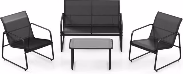 Set di mobili da patio con tavolino in vetro temperato, Set da conversazione per esterni con telaio metallico Nero