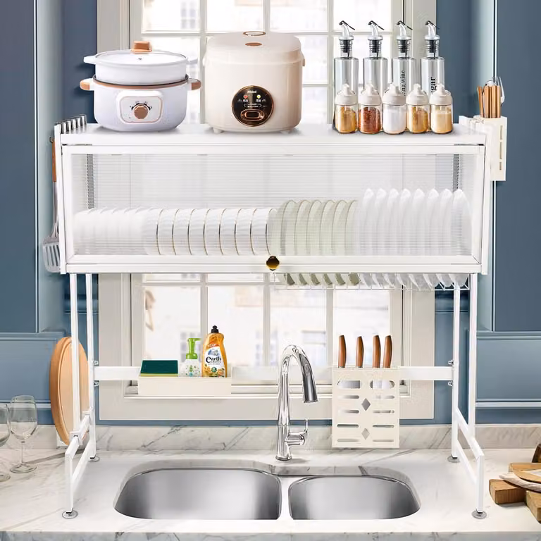 Portaoggetti a due livelli per stoviglie da montare sopra il lavello – grande organizer per lavello in acciaio inossidabile con più cestelli e portautensili, dimensioni 85 x 28 x 77 cm, colore bianco