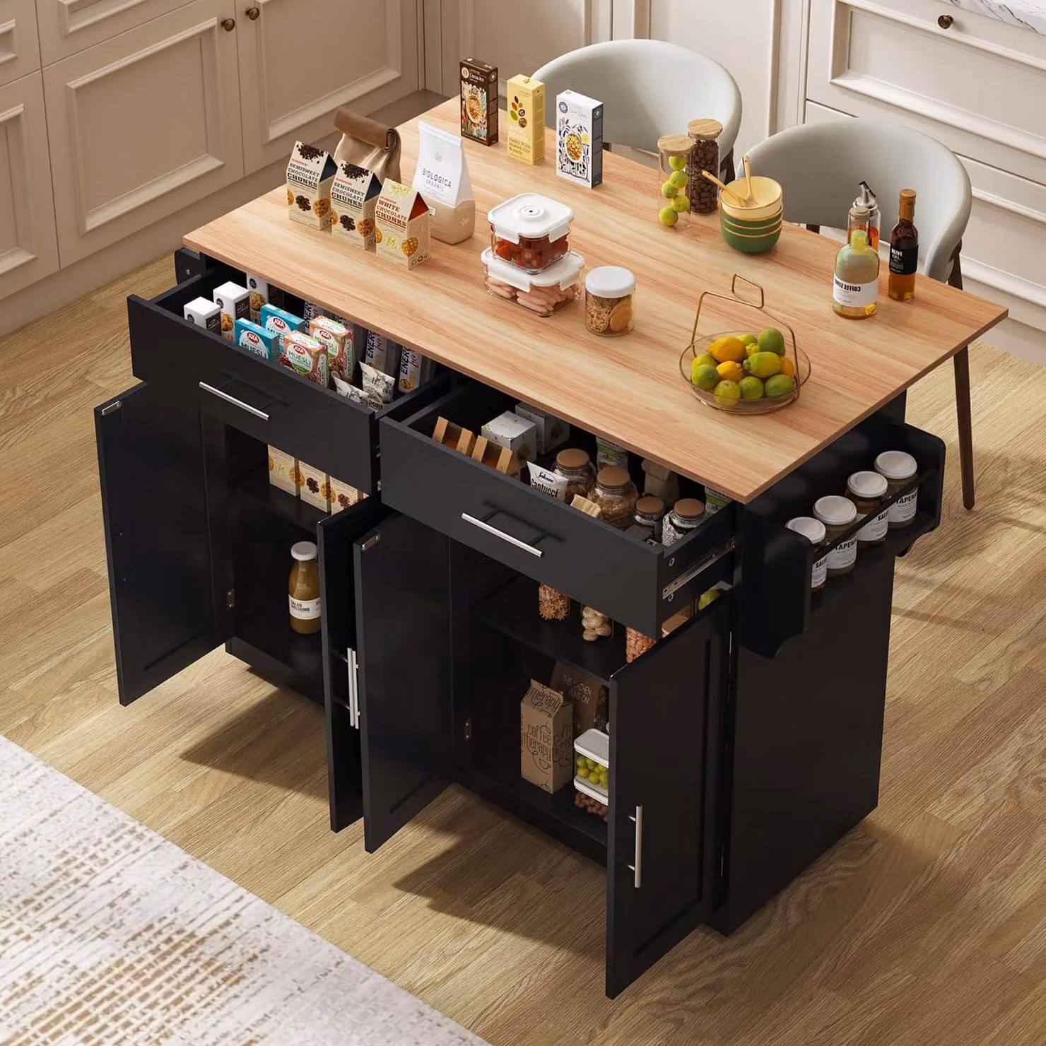 Isola da cucina con piano allungabile, ruote e gambe in legno, colore nero, dimensioni 136x71x91,5 cm
