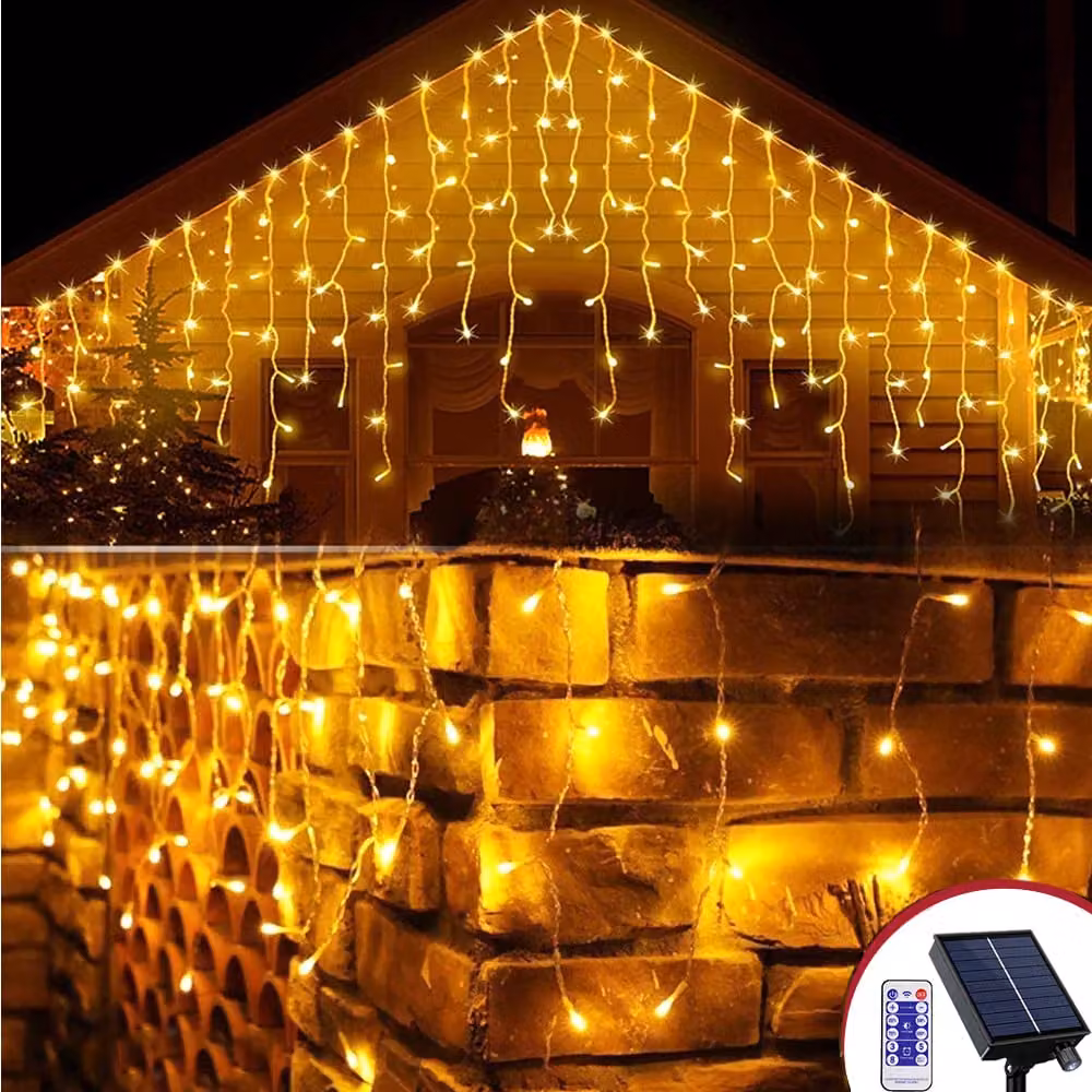 3M bianco caldo LED solare luci di fata all'aperto impermeabile Icicle Icicle tenda di luce con telecomando Indoor Outdoor Garden Decorazione