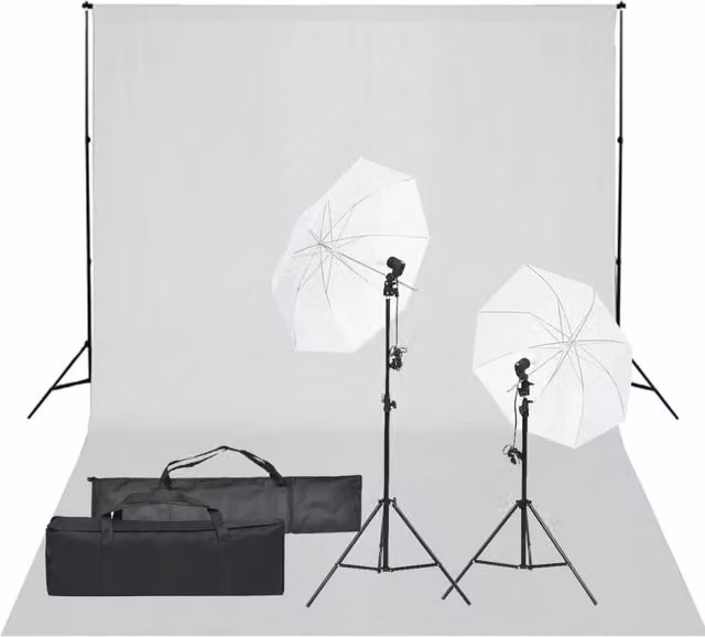 Kit per studio fotografico professionale con illuminazione LED e fondali bianco e nero con treppiedi regolabili in alluminio