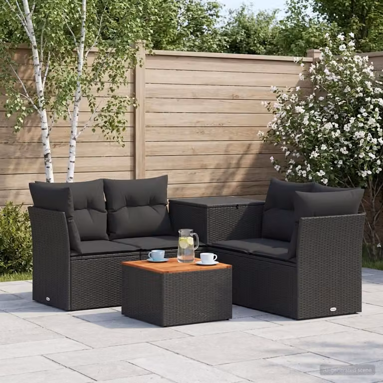 Set da giardino moderno vidaXL composto da 6 pezzi in polyrattan nero con struttura in metallo e cuscini inclusi