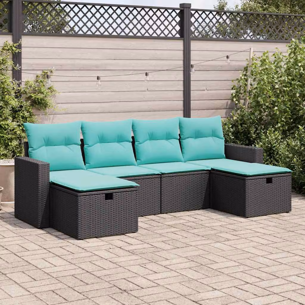 Set Divano da Giardino a L vidaXL in Polyrattan Nero con 6 Cuscini Imbottiti e Struttura in Acciaio Verniciato a Polvere