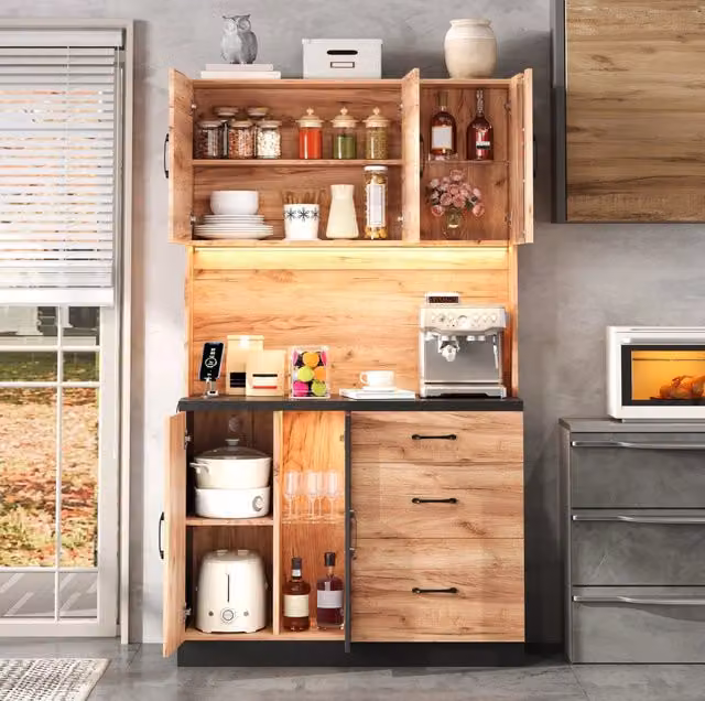 Mobile cucina alto con 3 cassetti; LED; prese USB e EU; MDF; 105x40x180 cm