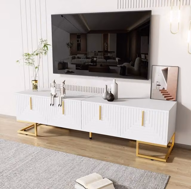Mobile TV a 4 ante 170 cm in truciolare bianco con dettagli dorati
