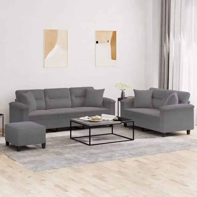 Set di Divani vidaXL in Microfibra Grigia con Pouf e Cuscini per Soggiorno Moderno