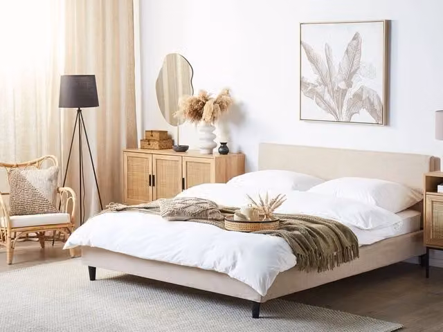 Letto 160 x 200 cm Tessuto a doghe in tessuto beige contemporaneo