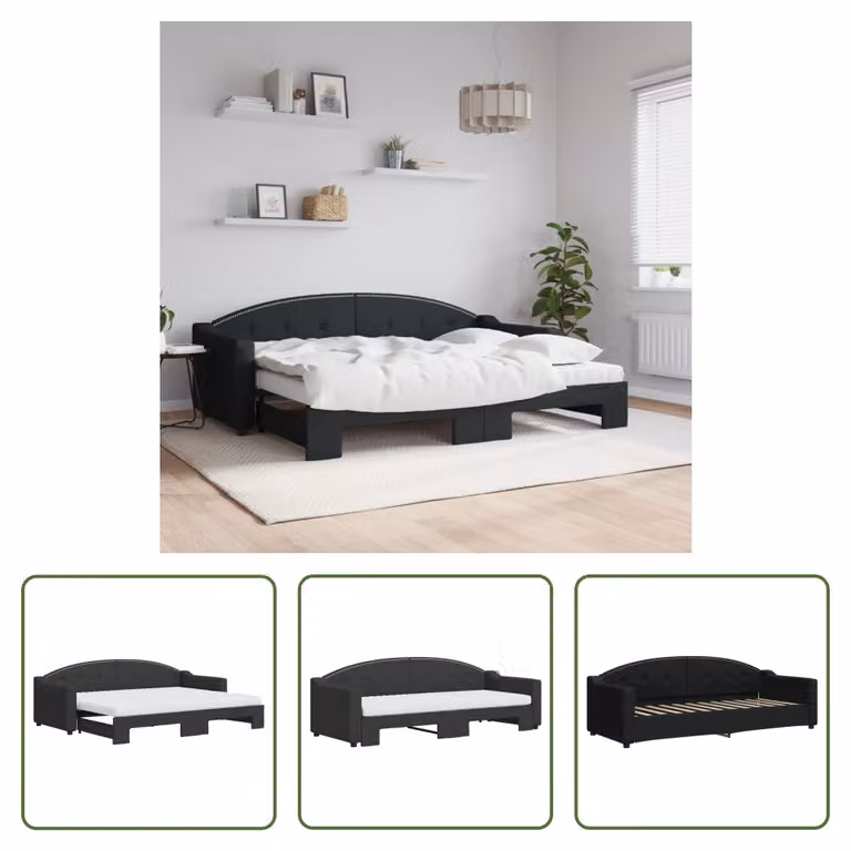The Living Store Lettino allungabile con materassi nero 80x200 cm in tessuto