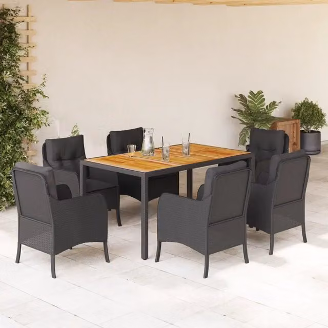 Set da pranzo da giardino vidaXL in legno di acacia oliato e polyrattan nero con 7 pezzi