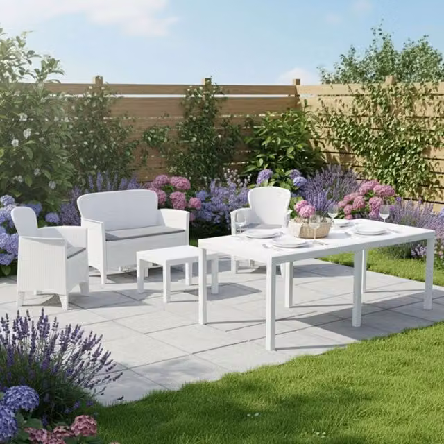 Salottino Outdoor Domaso, set Salotto da Esterno Salottino 4 Posti, Tavolo 10 Posti Posti Made in Italy, Bianco