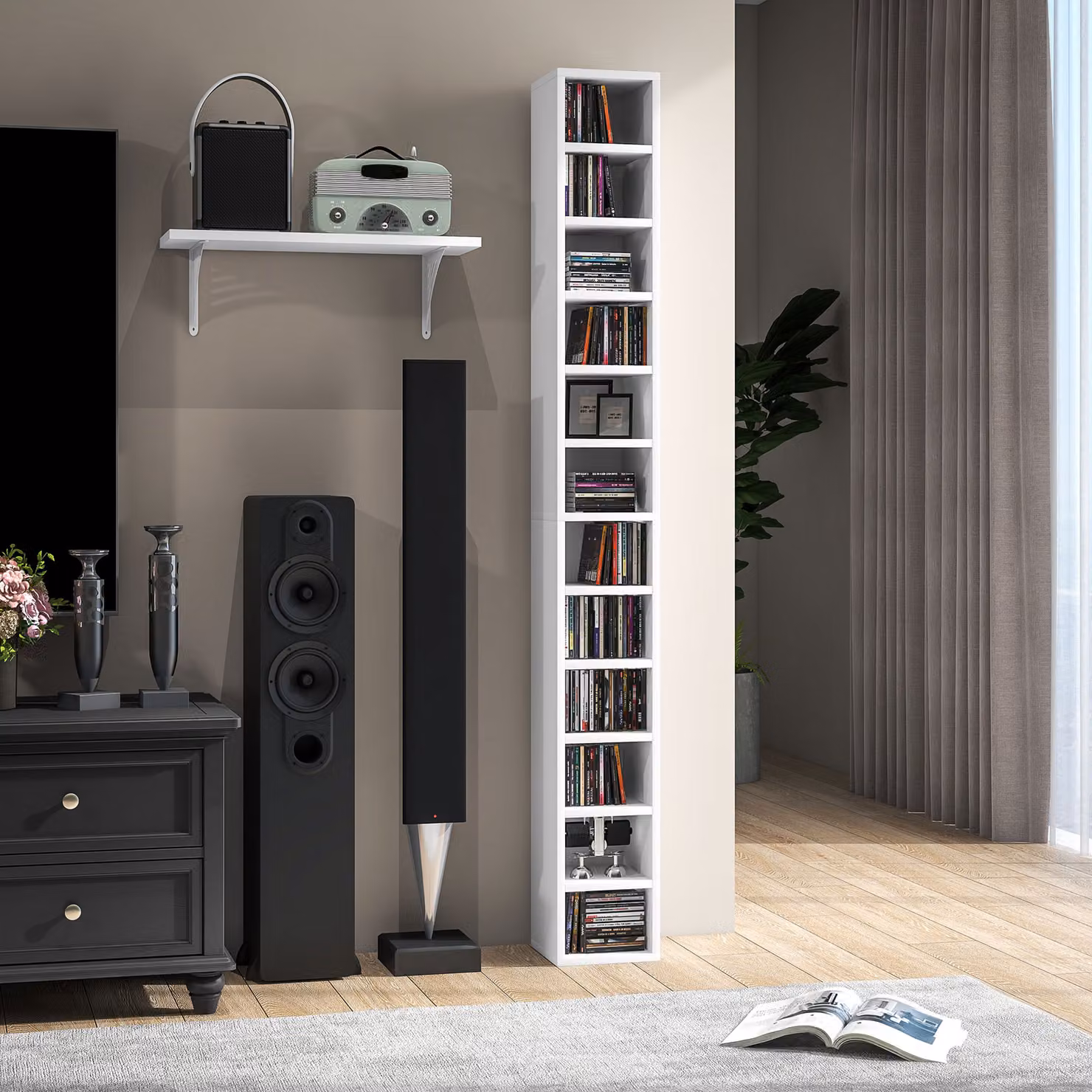 Libreria Porta CD HOMCOM Bianca con 12 Ripiani per 204 CD in MDF e Truciolato, L/P/H: 21 x 11,5 x 175 cm – 2