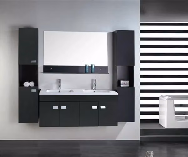 Mobile bagno moderno Elegance nero e bianco con base lavabo, colonna e armadietto specchio sospesi L: 120 cm, P: 46 cm, H: 50 cm – 2