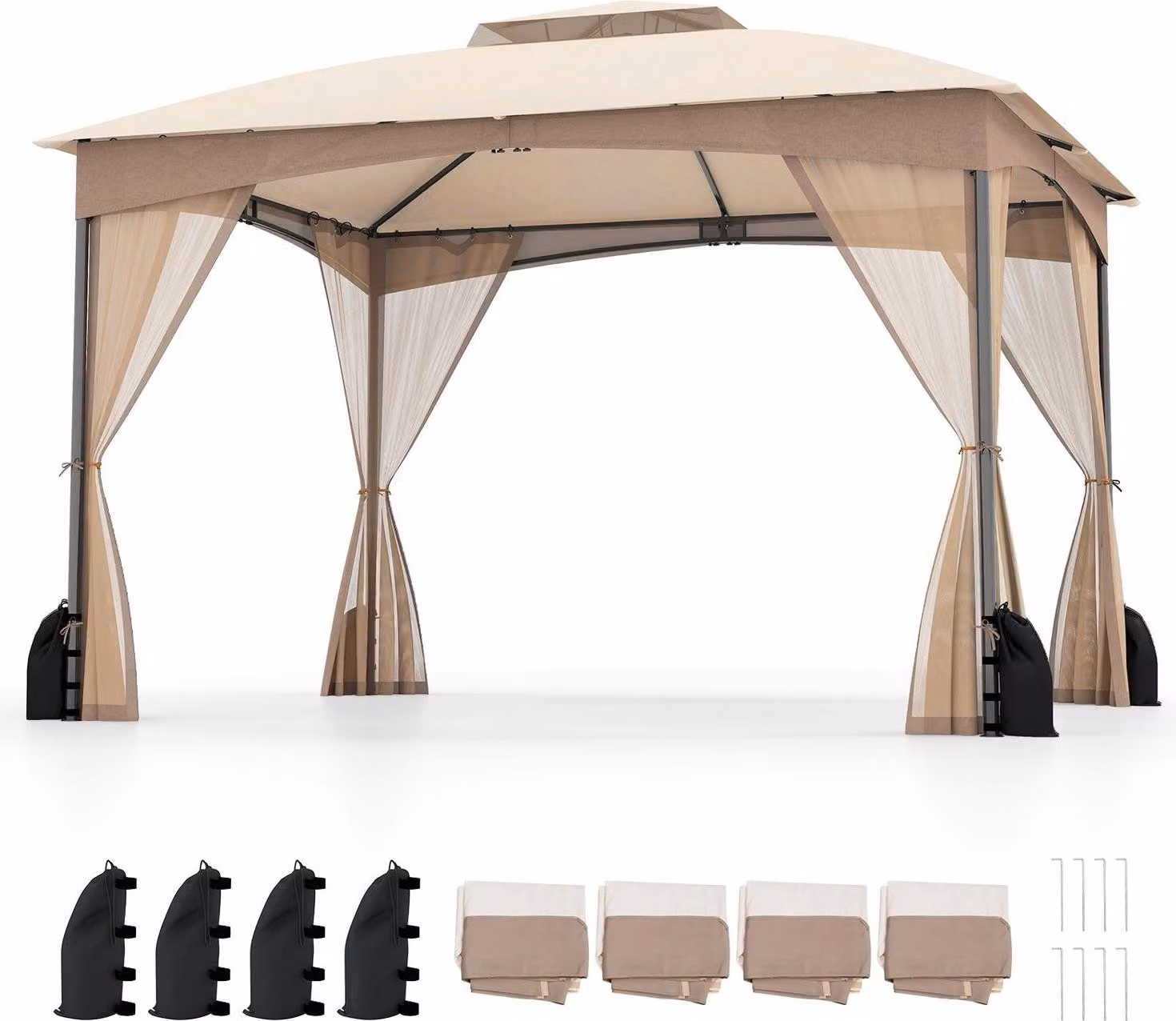 Gazebo da esterno 3,6 x 3 m con zanzariera e sacchi di sabbia