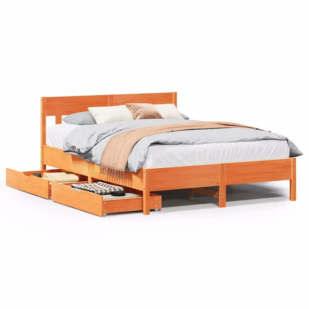 vidaXL Giroletto in legno di pino massello marrone cera con doghe fisse L/P/H: 205,5 x 140 x 81 cm – 2