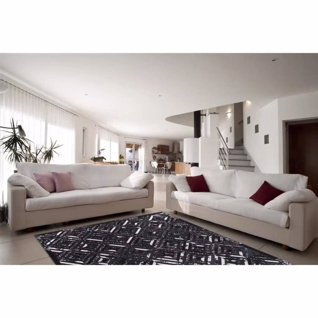 Tappeto Moderno Kendra Home in Pelle Nera e Argento con Motivo a Diamanti, Annodato a Mano, Rettangolare – 2