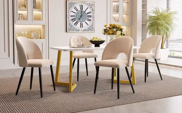 Set sala da pranzo beige con tavolo MDF e 4 sedie in velluto