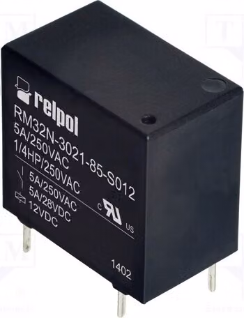 1 relè: elettromagnetico. Bobina: 12VDC, 5A/250VAC. Modello: RM32N-3021-85-S012. Elettrico