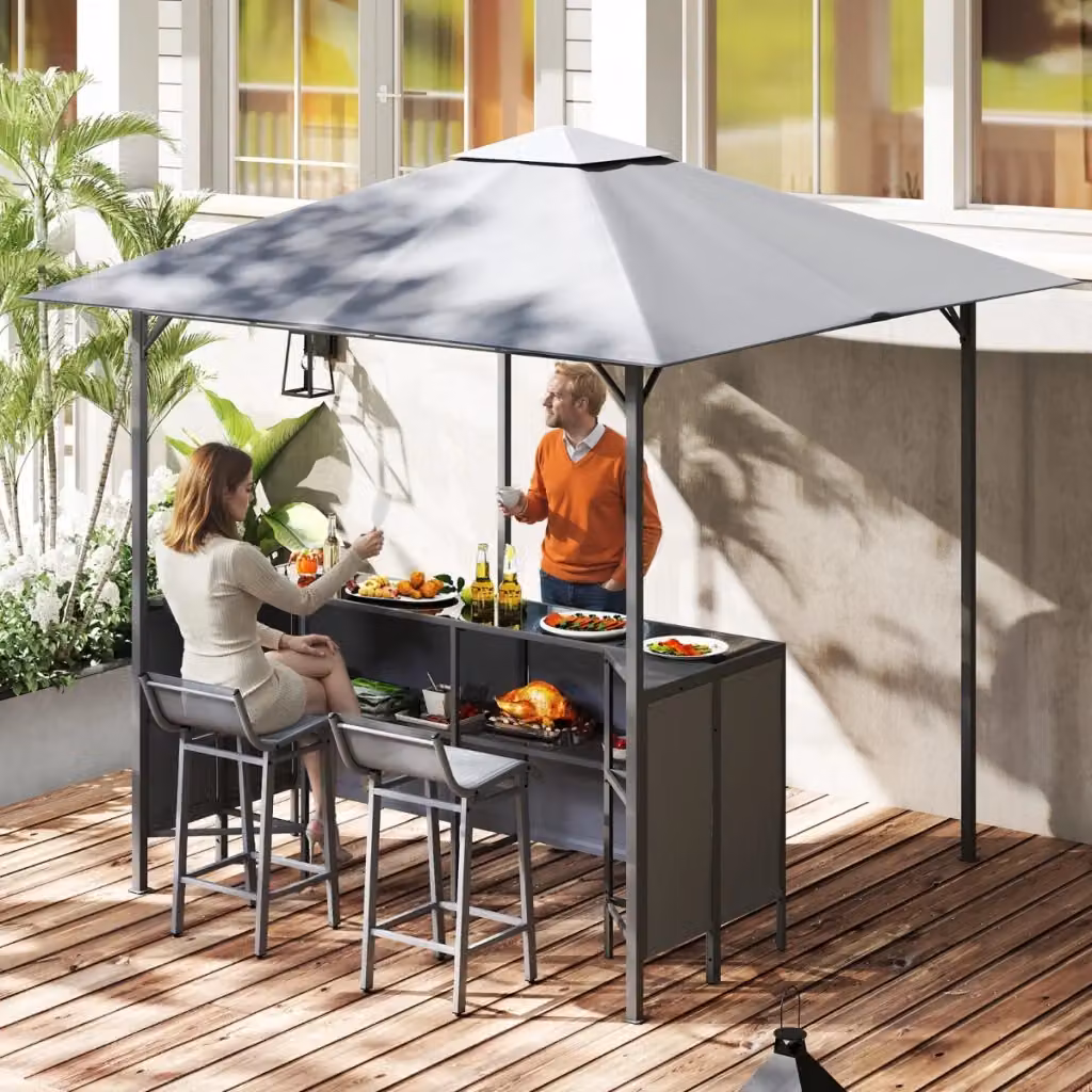 Set da bar da patio 3 pezzi con ripiano di stoccaggio e 2 sgabelli, Grigio – 2