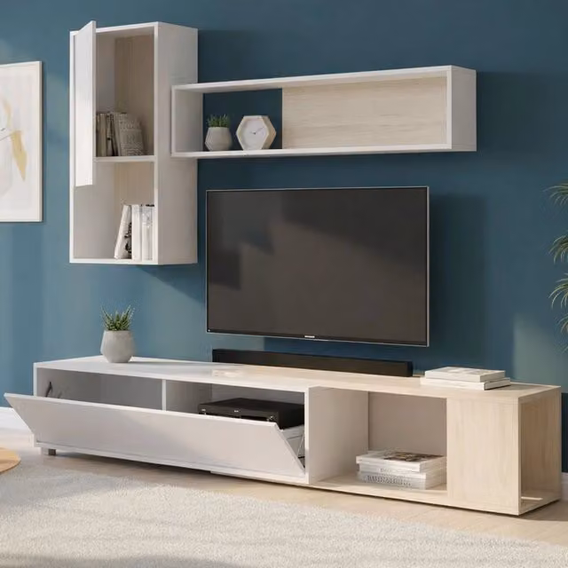 Parete attrezzata Fortuna DMORA, set da soggiorno modulare ad angolo, Bianco e Rovere, L: 230 cm, H: 180 cm, P: 41 cm