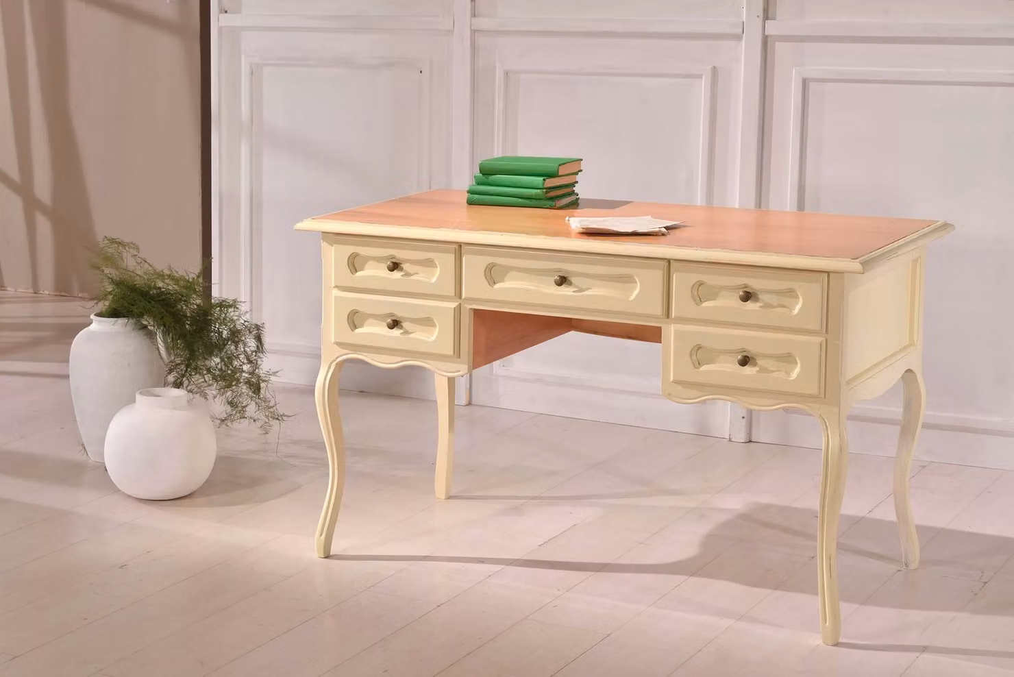 Scrivania bicolore beige e bianca con 5 cassetti Mobili 2G L: 130 cm, P: 60 cm, H: 79 cm – 2
