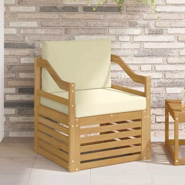 Divano da esterno moderno in legno di acacia con rivestimento in tessuto bianco e beige per giardino e terrazza
