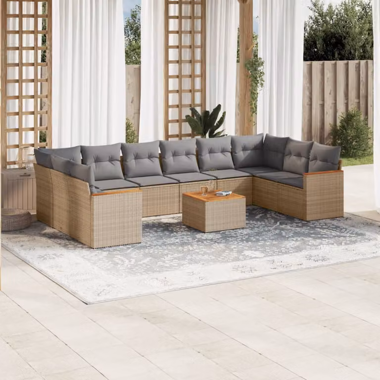 vidaXL Set Divano da Giardino a L 11 pz con Cuscini Beige e Grigio in Polyrattan e Acciaio